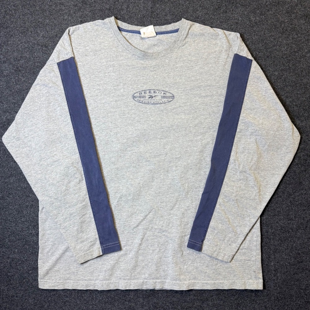 Vintage Reebok Long Sleeve Shirt Mens XL Gray Navy Stripe distressed Athletic
